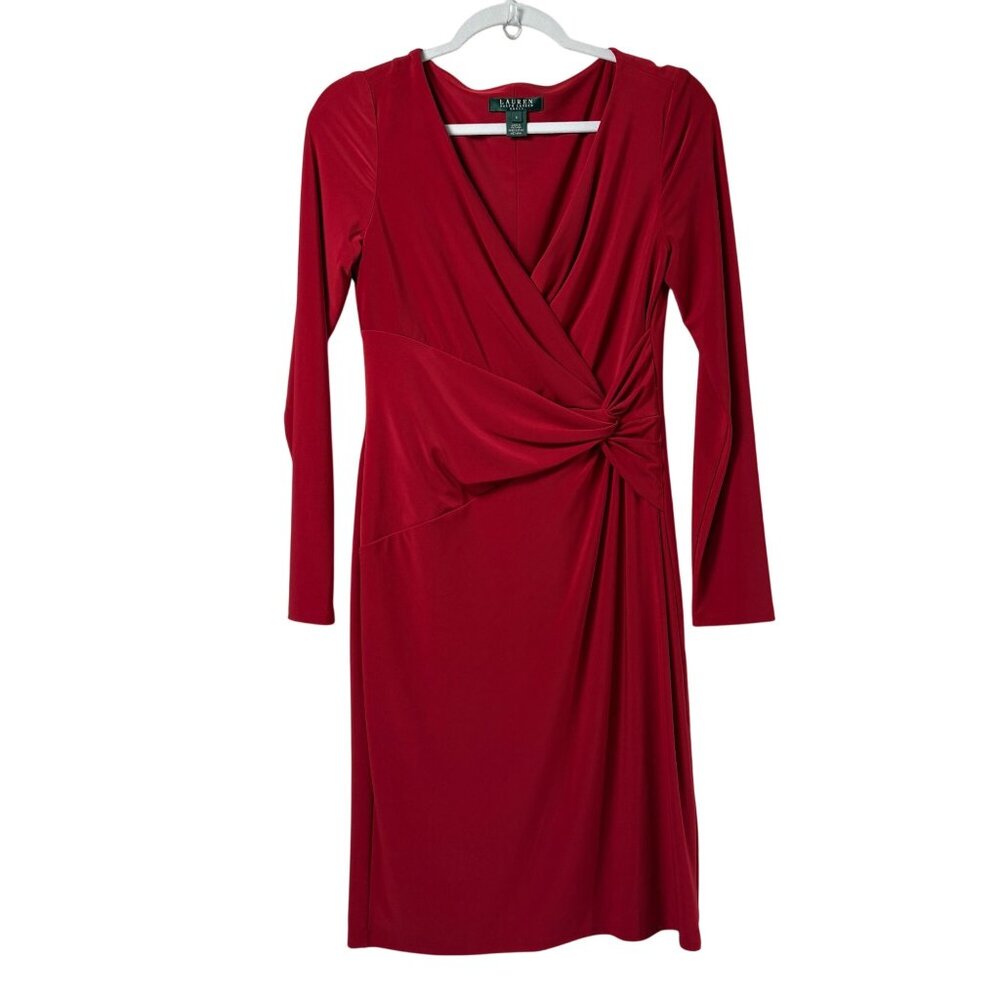 Lauren Ralph‎ Lauren Twist Ruched Knot Midi Dress Size 6 Red Long Sleeve V Neck